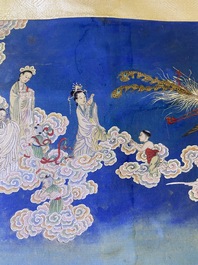 Chinese school, ink and color on canvas: 'Mountainous landscape with goddesses, mythical animals and boys', 19/20th C.
